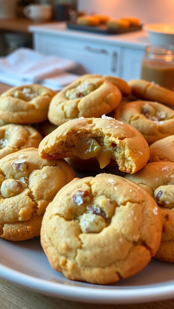 Freshly baked salted caramel cookies on a plate with a sprinkle of sea salt, surrounded by a warm kitchen atmosphere.